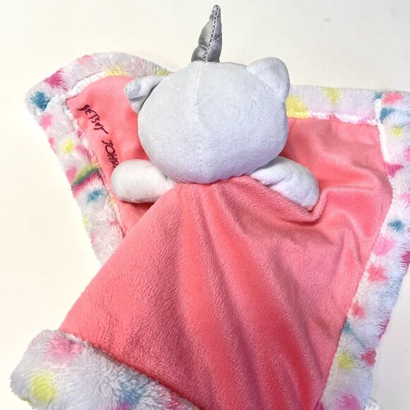 BETSEY JOHNSON Unicorn Lovey Plush Security Blanket Bright Coral With Hearts 13” - Picture 4 of 7